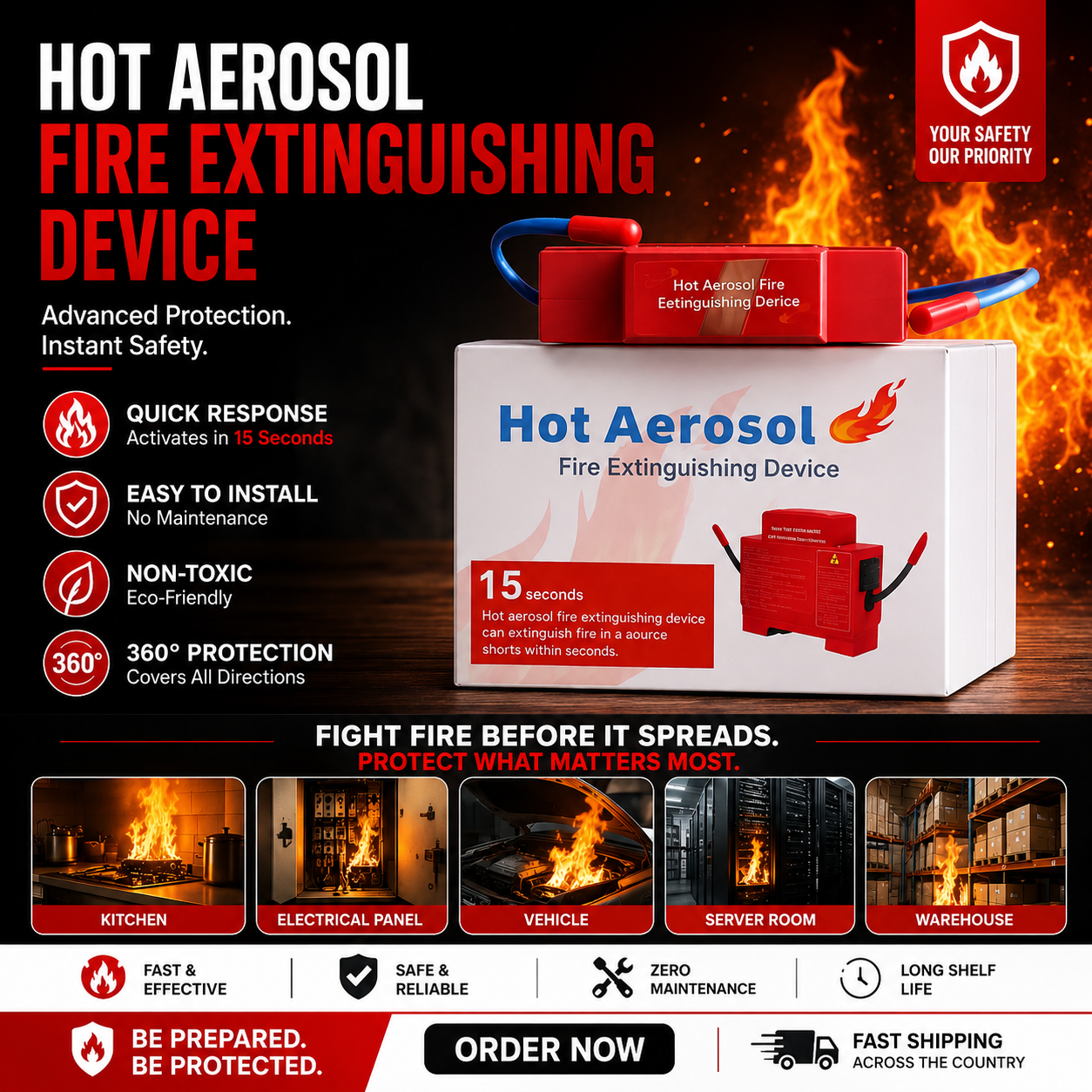 Hot Aerosol Fire Extinguishing Device – 360 degree instant fire protection